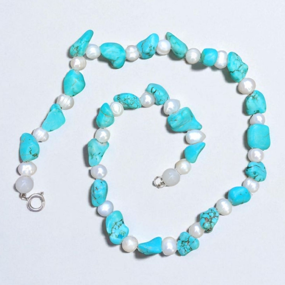 Vintage Raw turquoise & pearl necklace